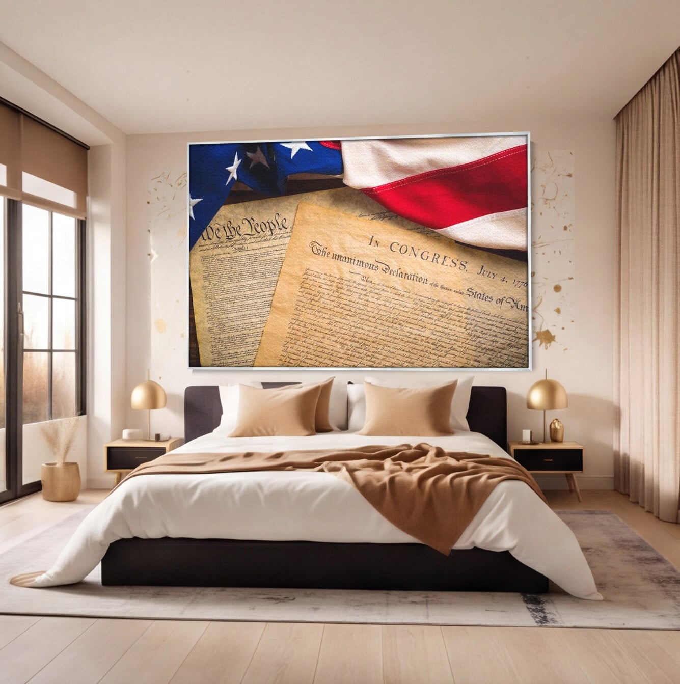Tablou canvas cu tablou canvas cu steag si documente istorice, in rama de aluminiu argintiu, pe perete intr-un dormitor